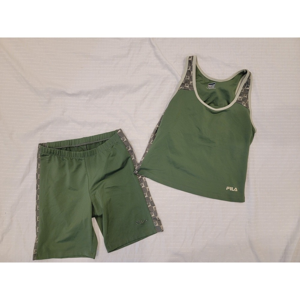 Fila Sport Womens Active Tank Top & Shorts Crop Legging Set Green Sz‎ M USA Made
